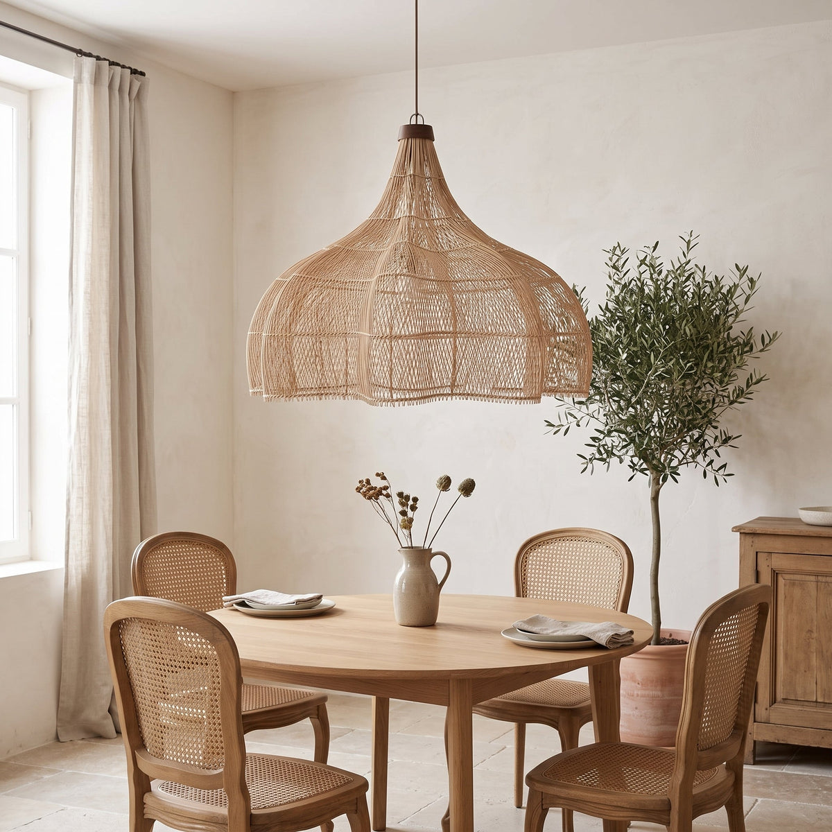 Large rattan pumpkin pendant light – shown in a room setting (2)