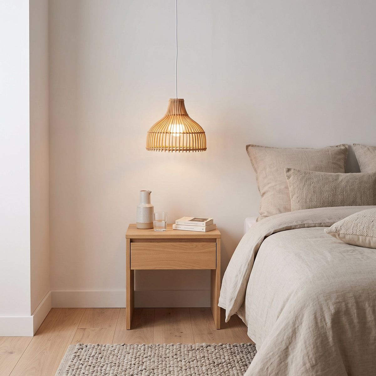 Mini ribbed rattan bell pendant light – shown in a room setting (4)