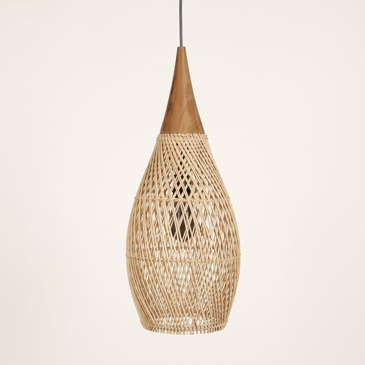 Tall rattan drop pendant light with wood cap