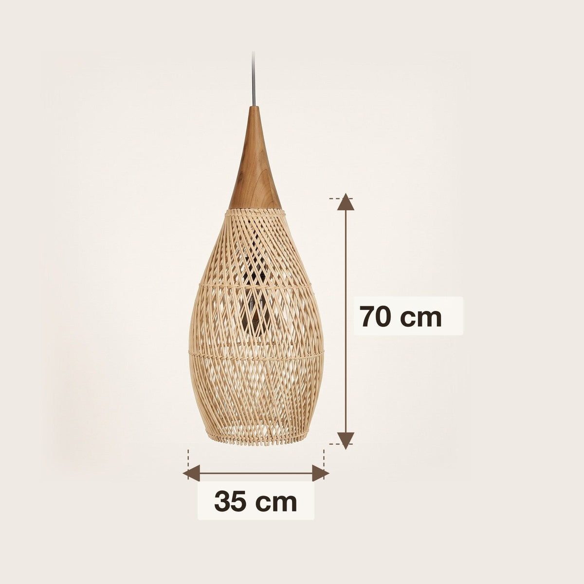 Tall rattan drop pendant light with wood cap – dimensions diagram