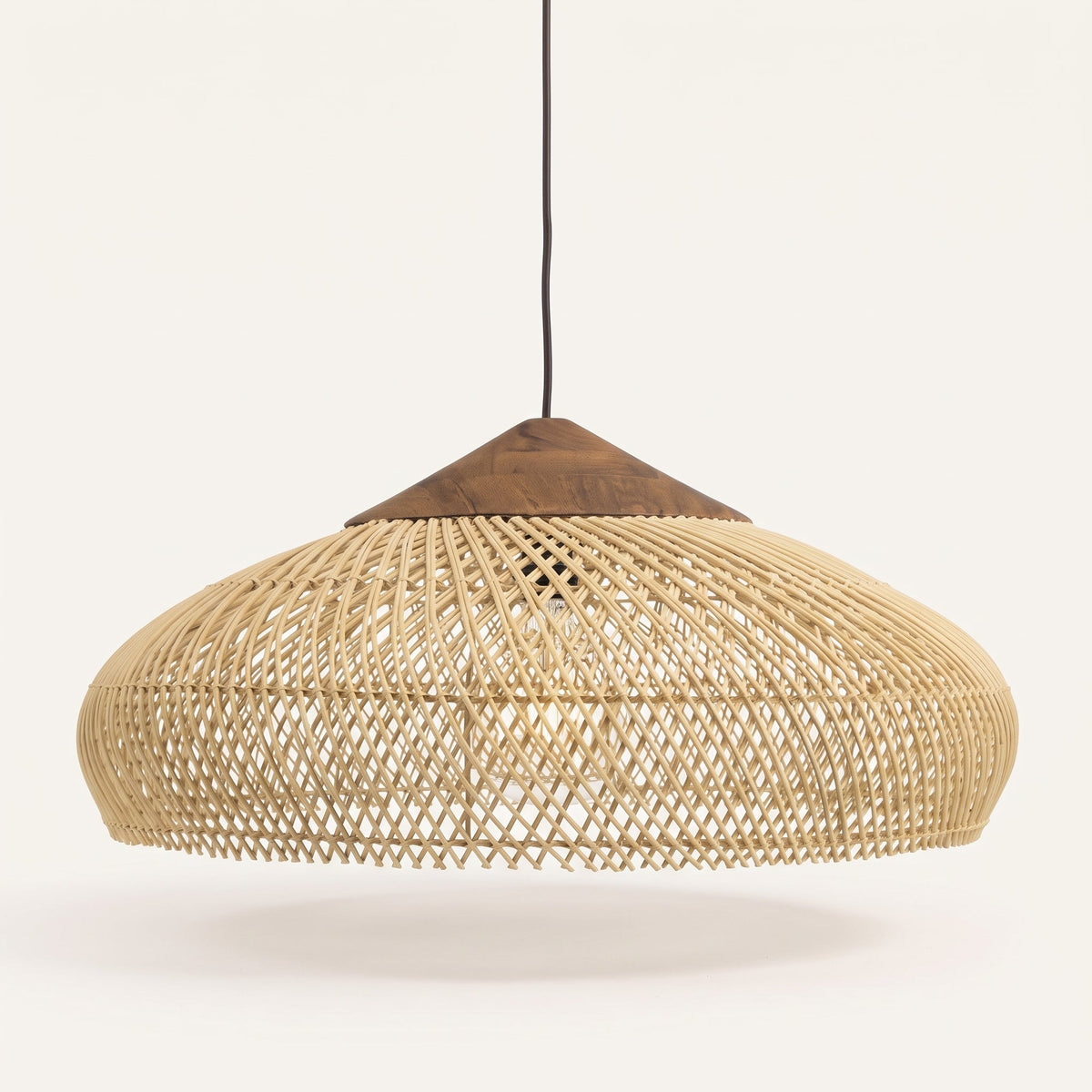 Low flared rattan pendant light with natural wood cap