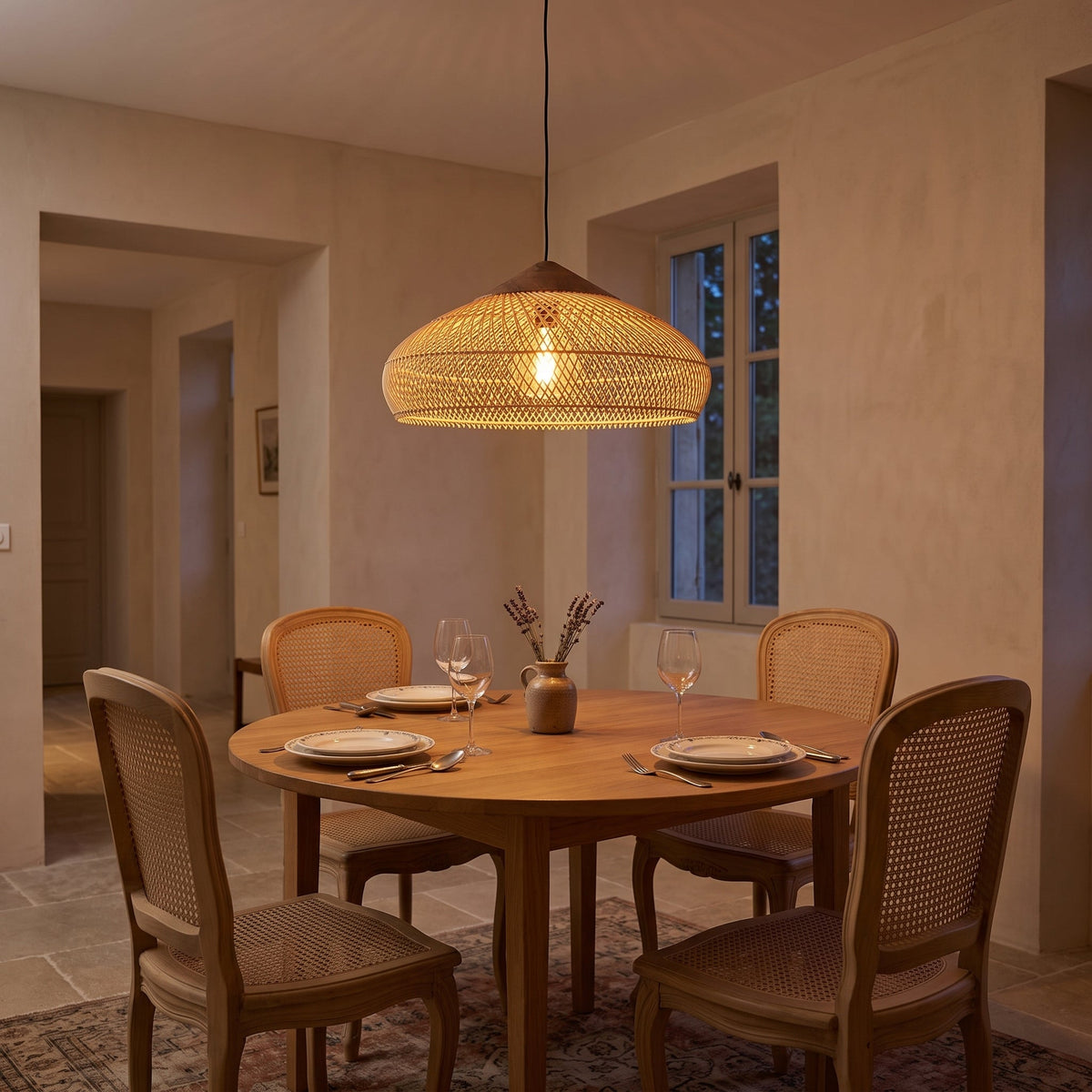 Low flared rattan pendant light with natural wood cap – shown in a room setting