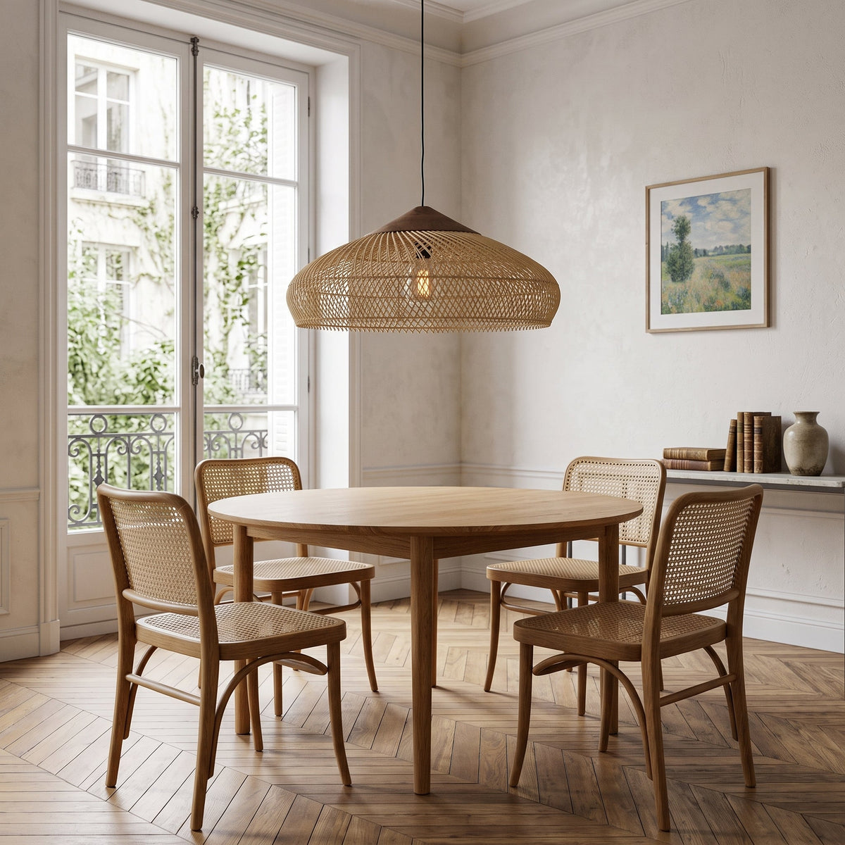 Low flared rattan pendant light with natural wood cap – shown in a room setting (3)