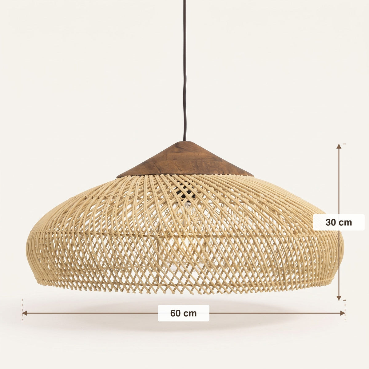 Low flared rattan pendant light with natural wood cap – dimensions diagram (2)