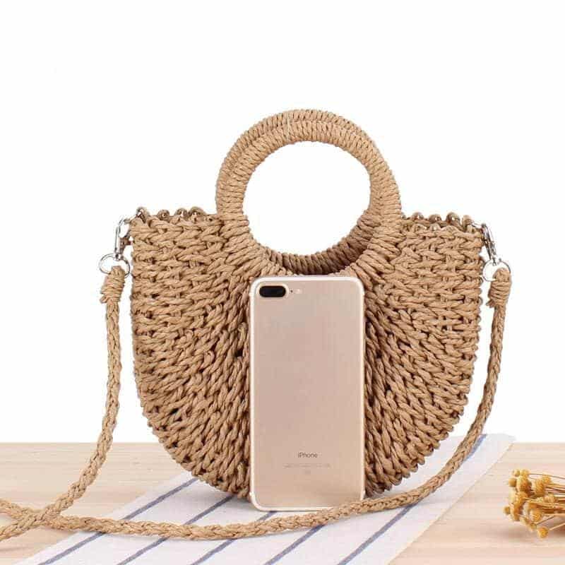 Half-moon woven rattan crossbody bag – close-up detail