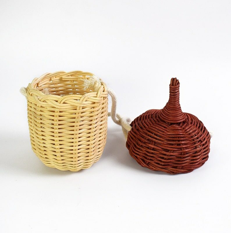 Rounded woven rattan shoulder bag – multiple views