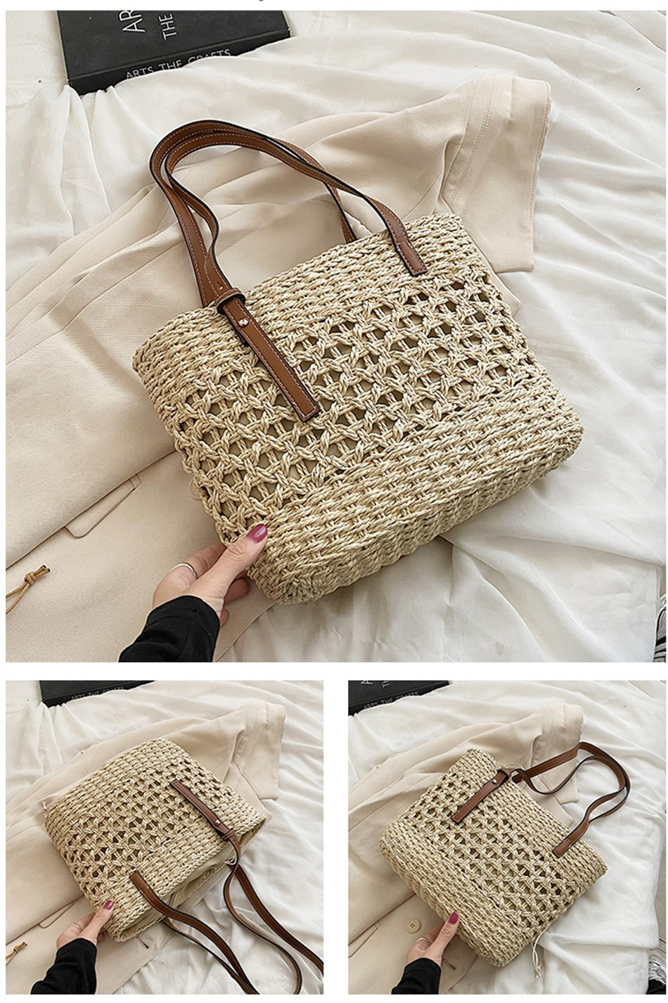Beige golden straw beach handbag – multiple views
