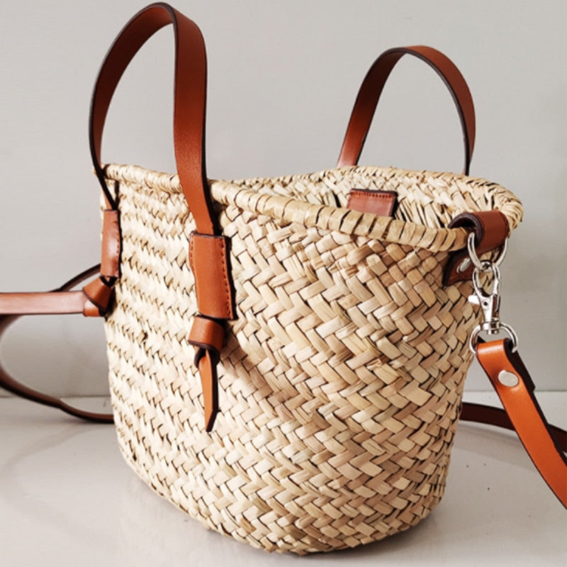 Large straw summer handbag with a camel strap – another view