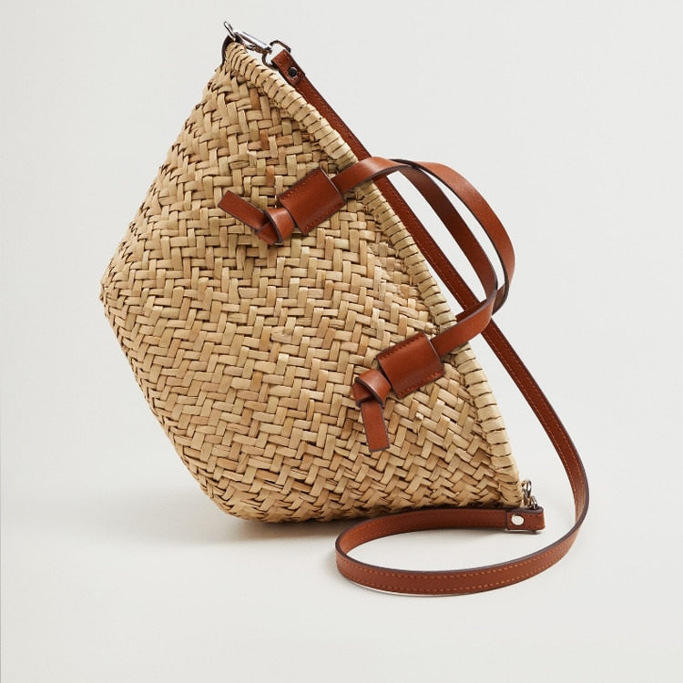 Large straw summer handbag with a camel strap – another view (2)