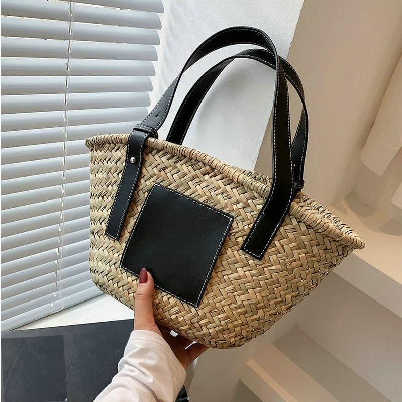 Black handwoven raffia summer bag – another view