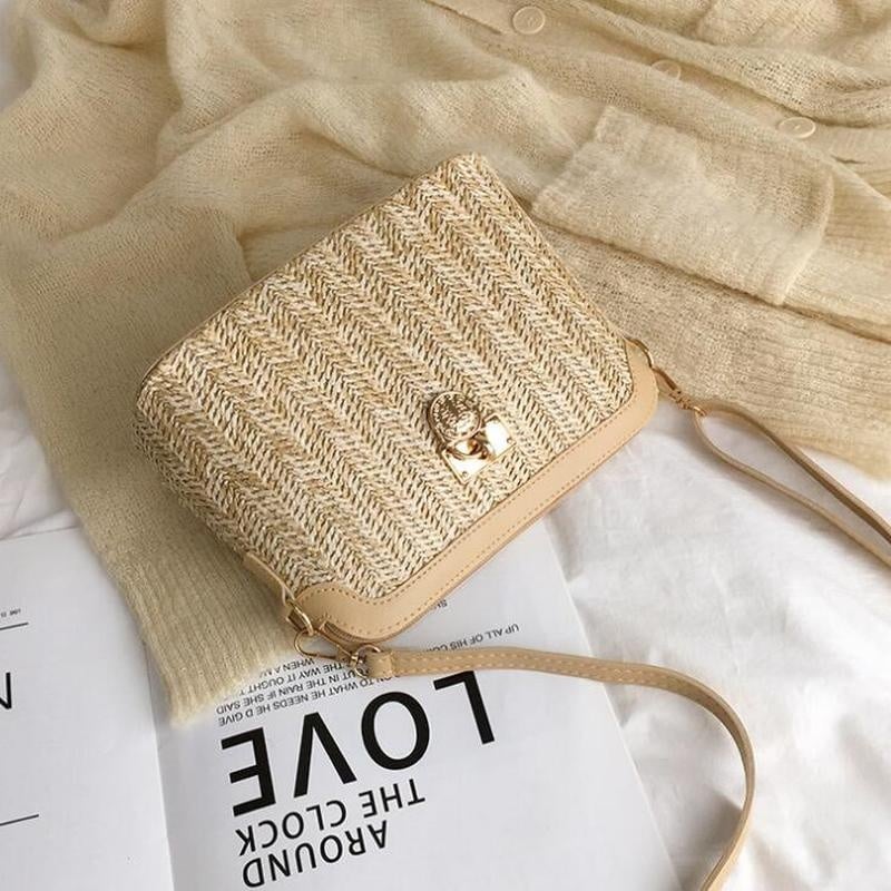 Brown rattan beach bag with a gold chain – another view