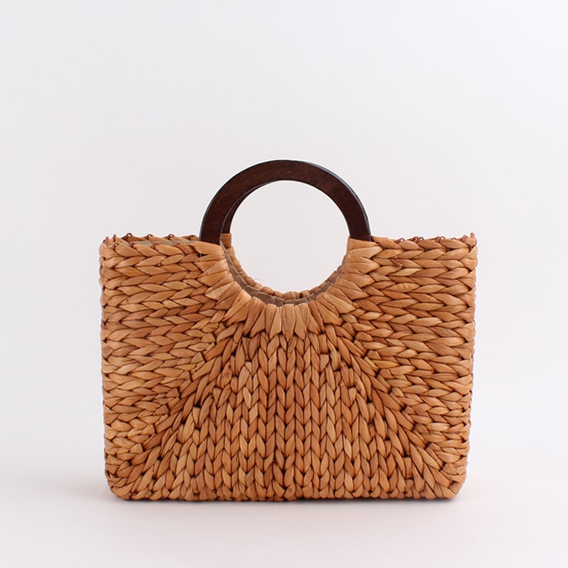 Vintage brown rattan bag with round wooden handles