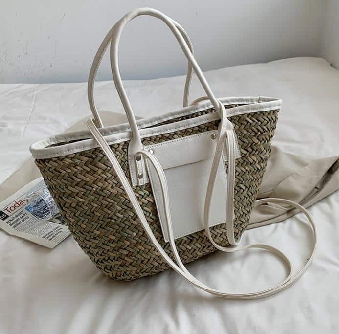 Large handmade white straw summer bag – another view