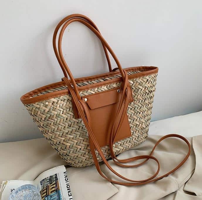 Large handmade brown straw summer tote – another view
