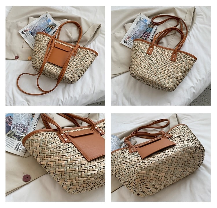 Brown rattan beach tote with a leather handle – multiple views