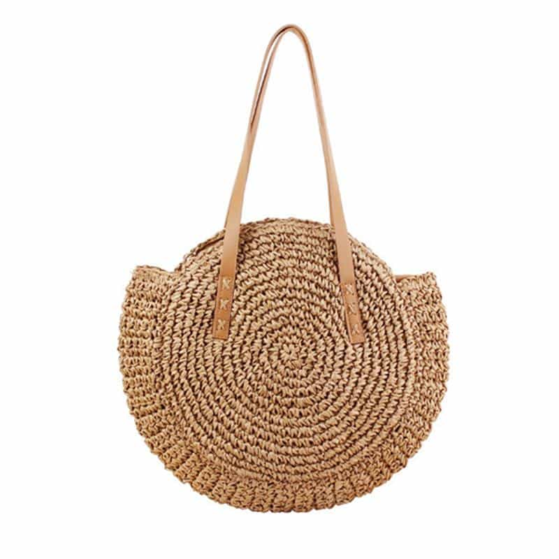 Caramel brown woven rattan beach bag