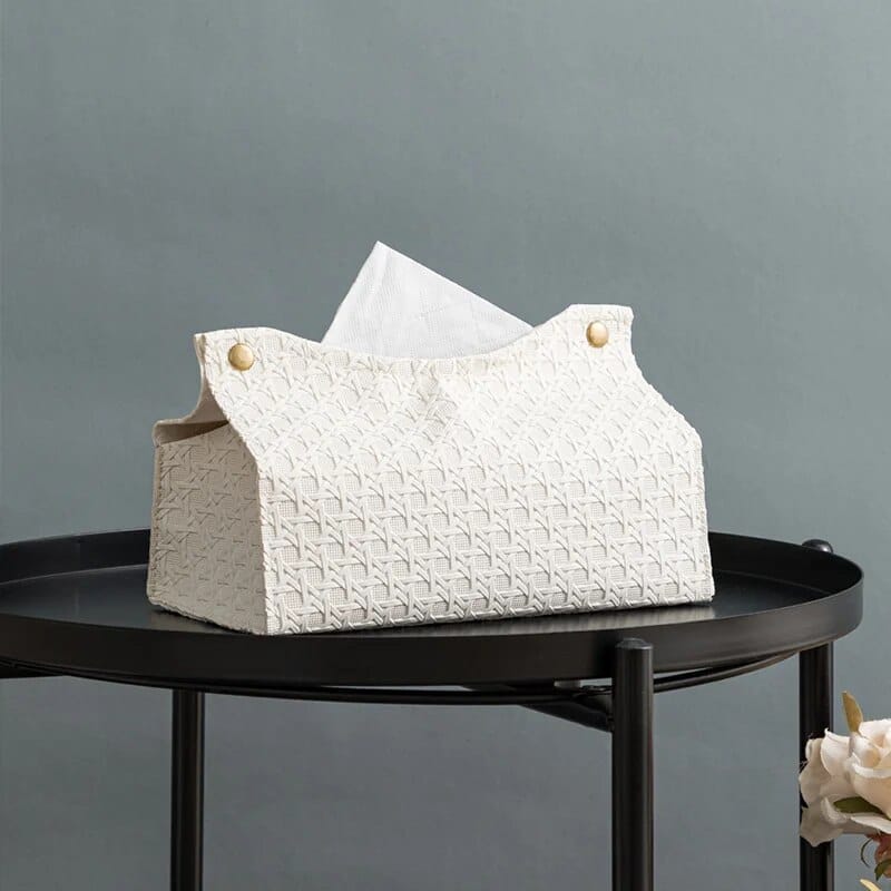 White woven tissue box cover with faux leather strap
