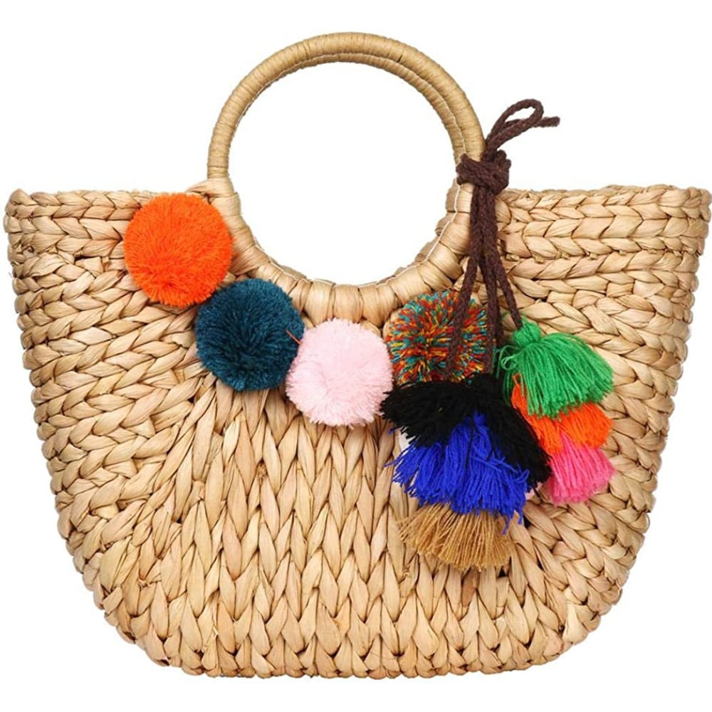 Rattan-look woven bag with multicolor pom-poms