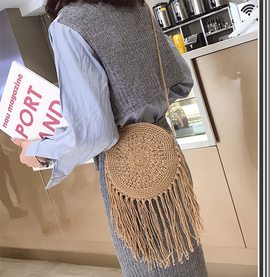 Boho crossed-weave rattan crossbody bag – worn by a model (2)