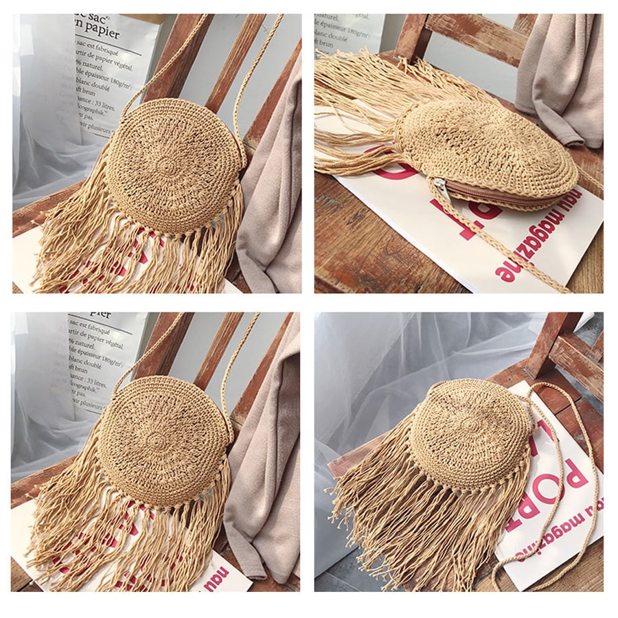 Boho crossed-weave rattan crossbody bag – multiple views