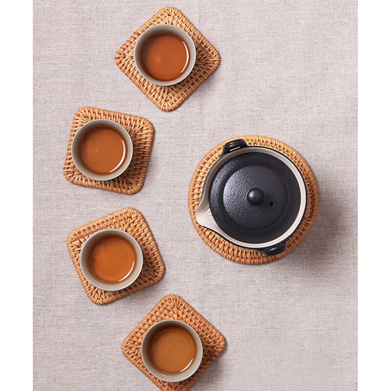 Set of six handwoven rattan drink coasters – shown in a room setting (4)