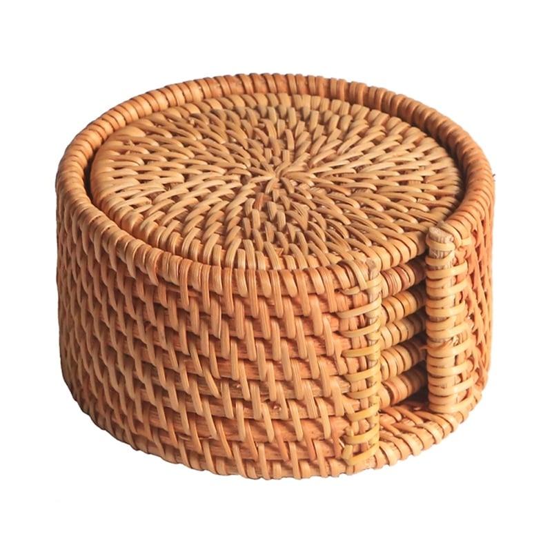 Set of six handwoven rattan drink coasters – another view
