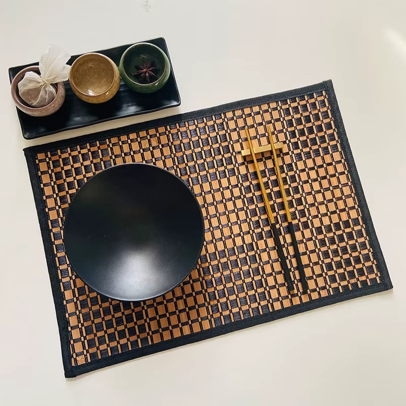Non-slip checkered bamboo placemat with a two-tone pattern – shown in a room setting