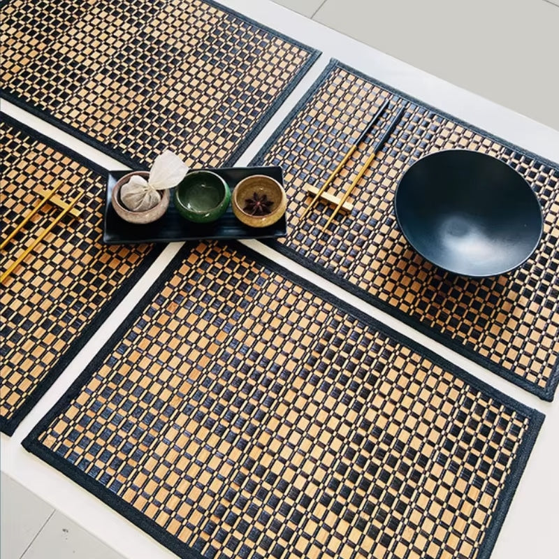 Non-slip checkered bamboo placemat with a two-tone pattern – shown in a room setting (2)