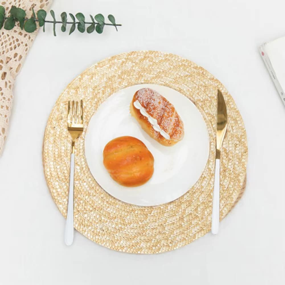 Round non-slip woven placemat in a sand color – shown in a room setting