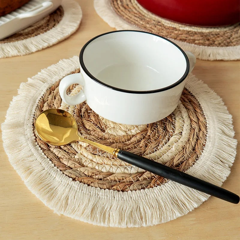 Round hand-braided cotton and corn husk placemat – shown in a room setting