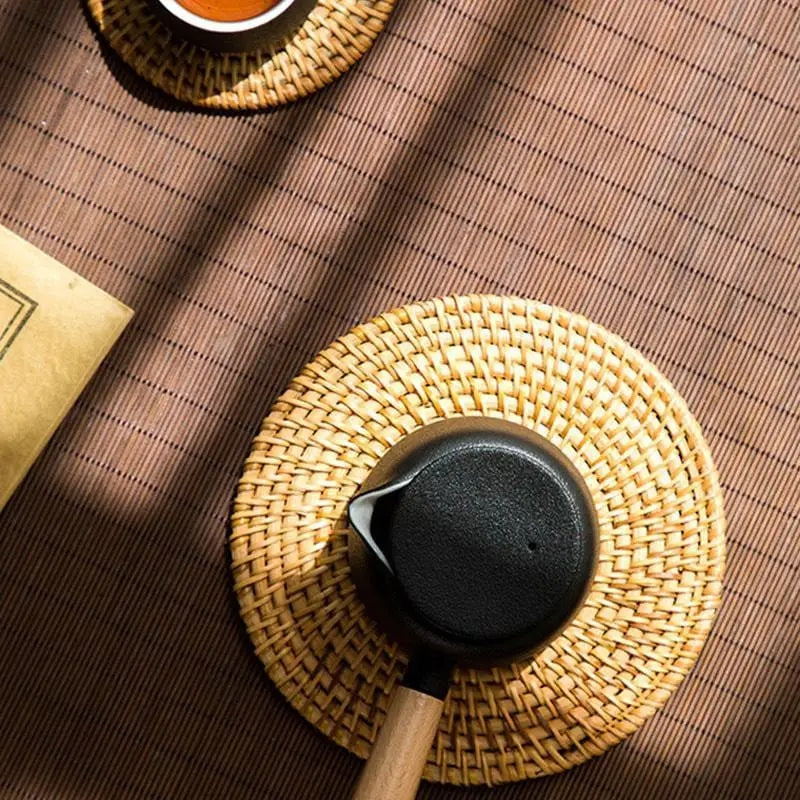 Round pastoral handmade rattan placemat – shown in a room setting (2)