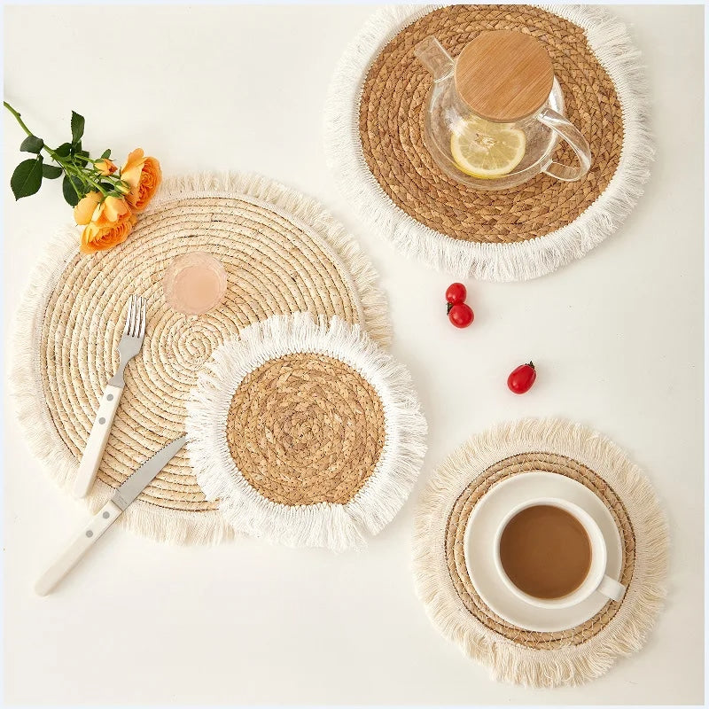 Pastoral rattan placemat with a fine thread border – shown in a room setting
