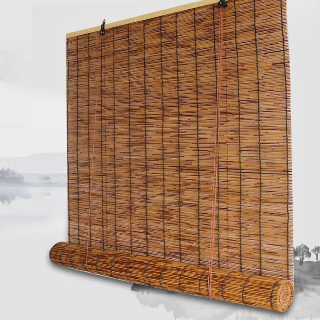 Handwoven bamboo roller shade with golden slats