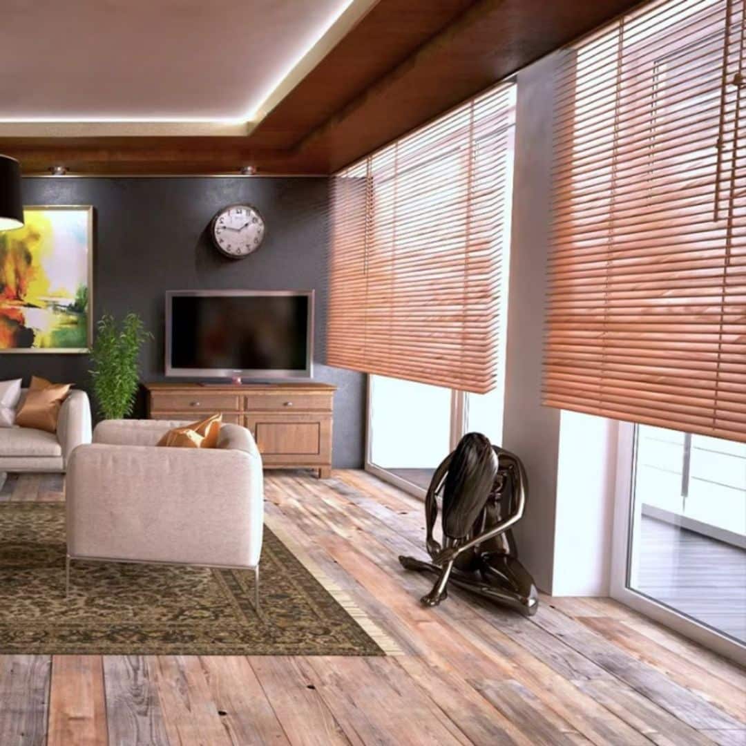 Venetian-style bamboo blind with golden slats – shown in a room setting