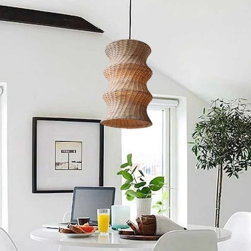 Modern Japanese-style handwoven bamboo pendant light – shown in a room setting