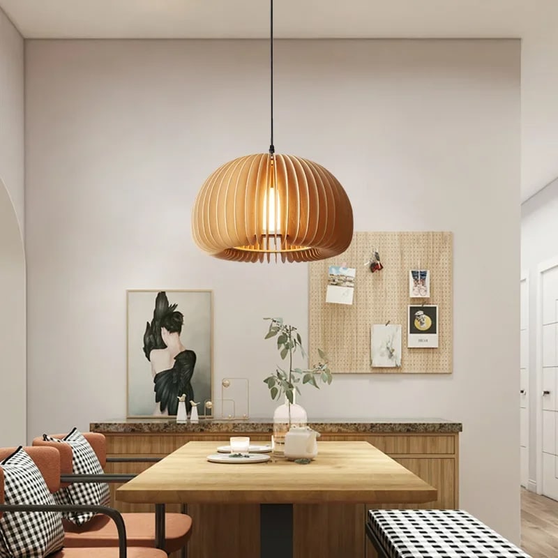 Handwoven wood pendant light – shown in a room setting