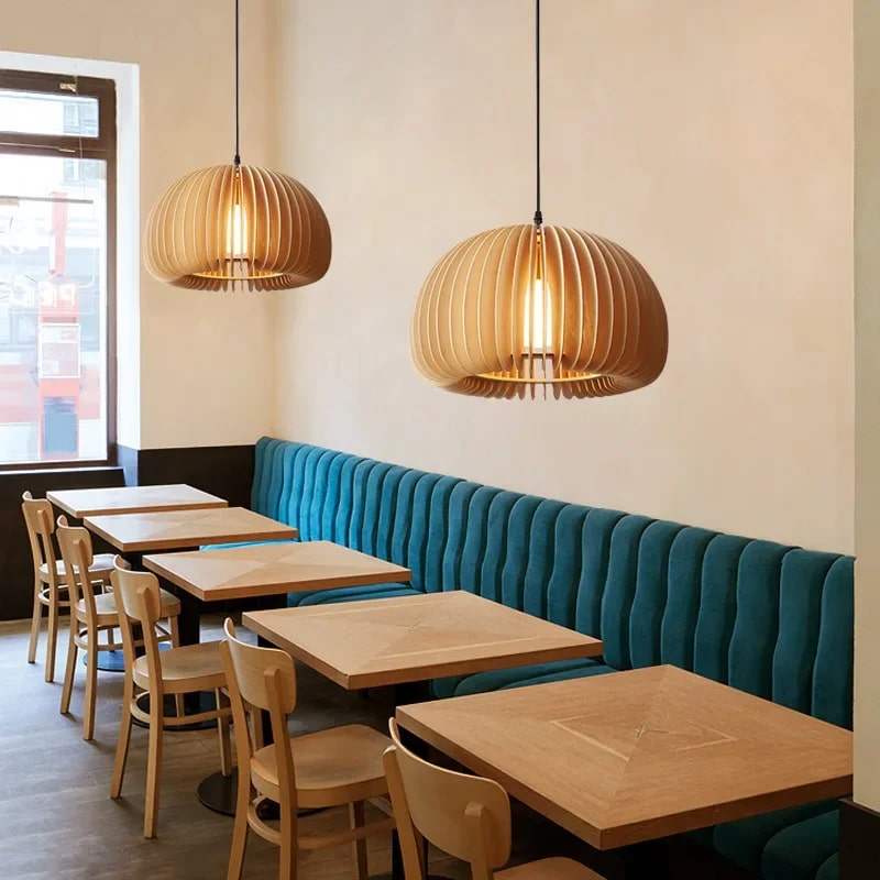 Handwoven wood pendant light – shown in a room setting (2)
