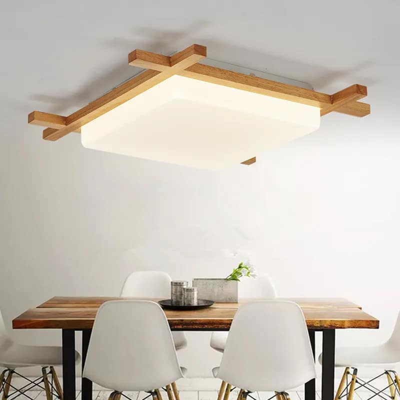 Square wood pendant light – shown lit