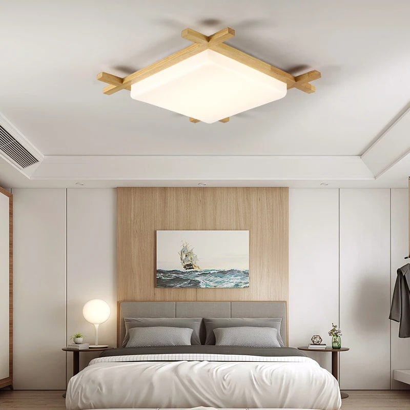 Square wood pendant light – shown lit in a room setting (3)