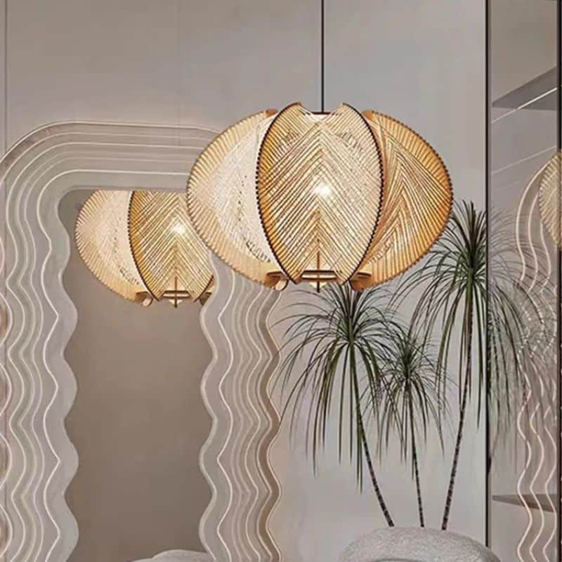 Turned wood and handwoven rattan pendant light – shown in a room setting
