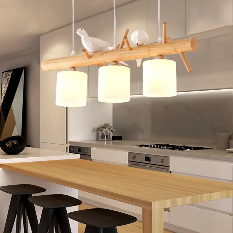 Wood branch pendant light with perched birds – shown in a room setting (2)
