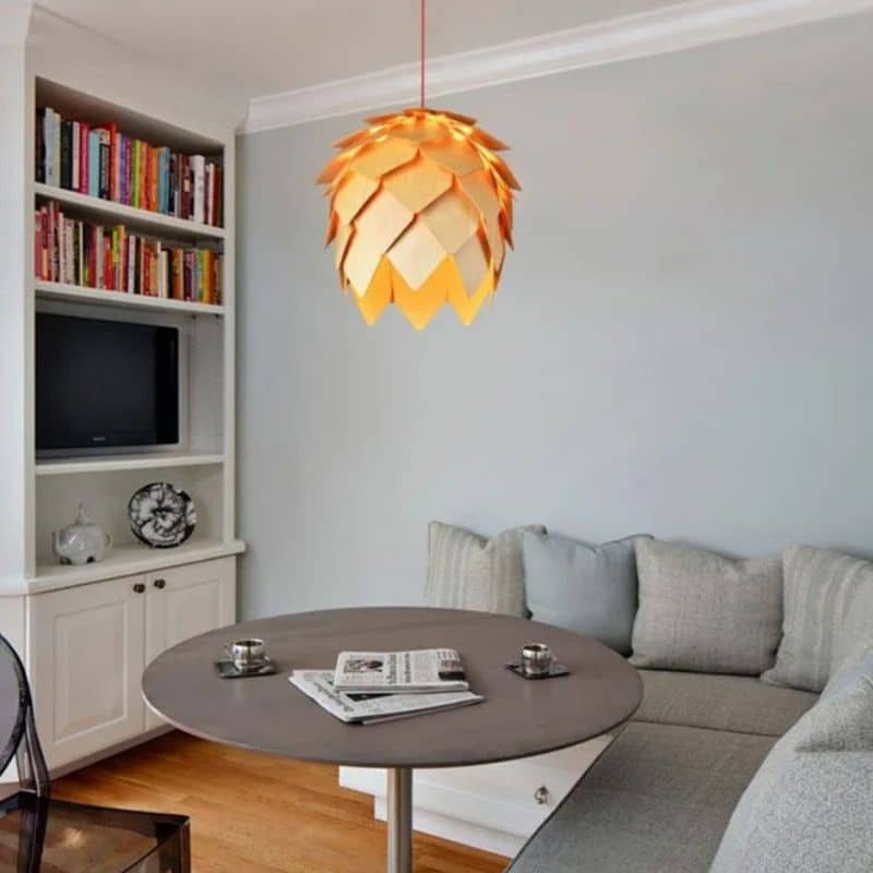 Pine cone woven wood pendant light – shown in a room setting