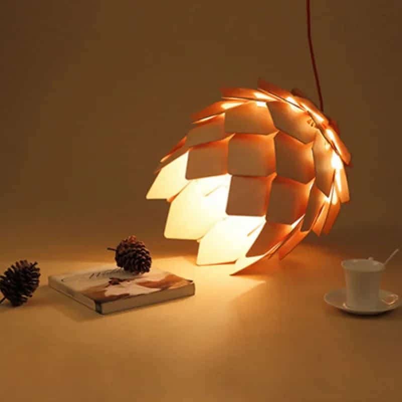 Pine cone woven wood pendant light – shown lit in a room setting (3)