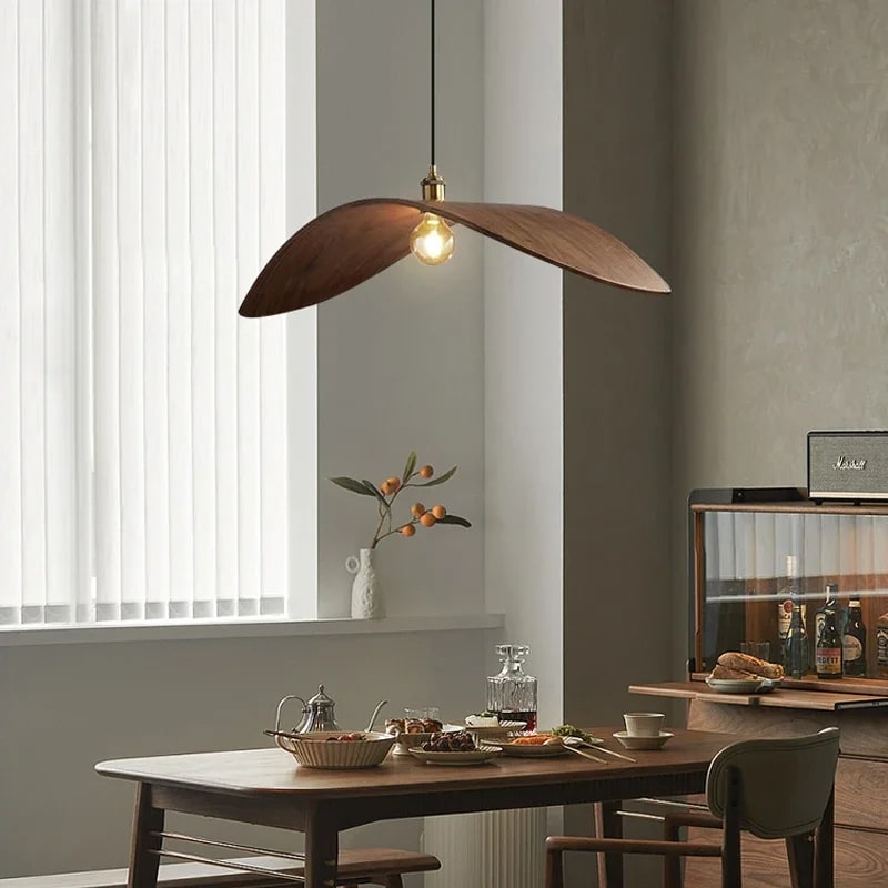 Arched vintage-style wood pendant light – shown in a room setting
