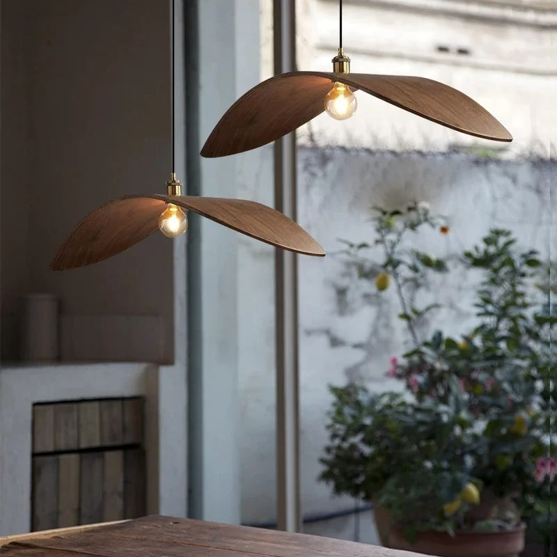Arched vintage-style wood pendant light – shown in a room setting (2)
