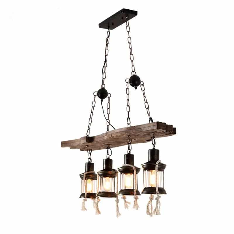Industrial driftwood pendant with geometric LED lanterns