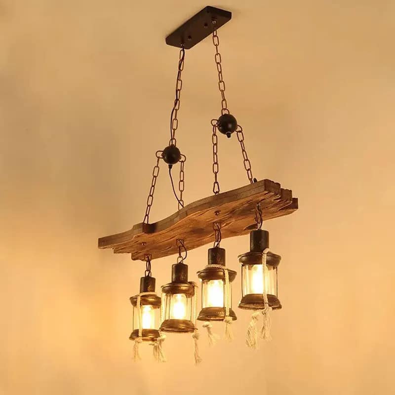 Industrial driftwood pendant with geometric LED lanterns – shown lit