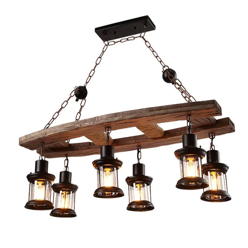 Driftwood branch chandelier with six blown glass lanterns