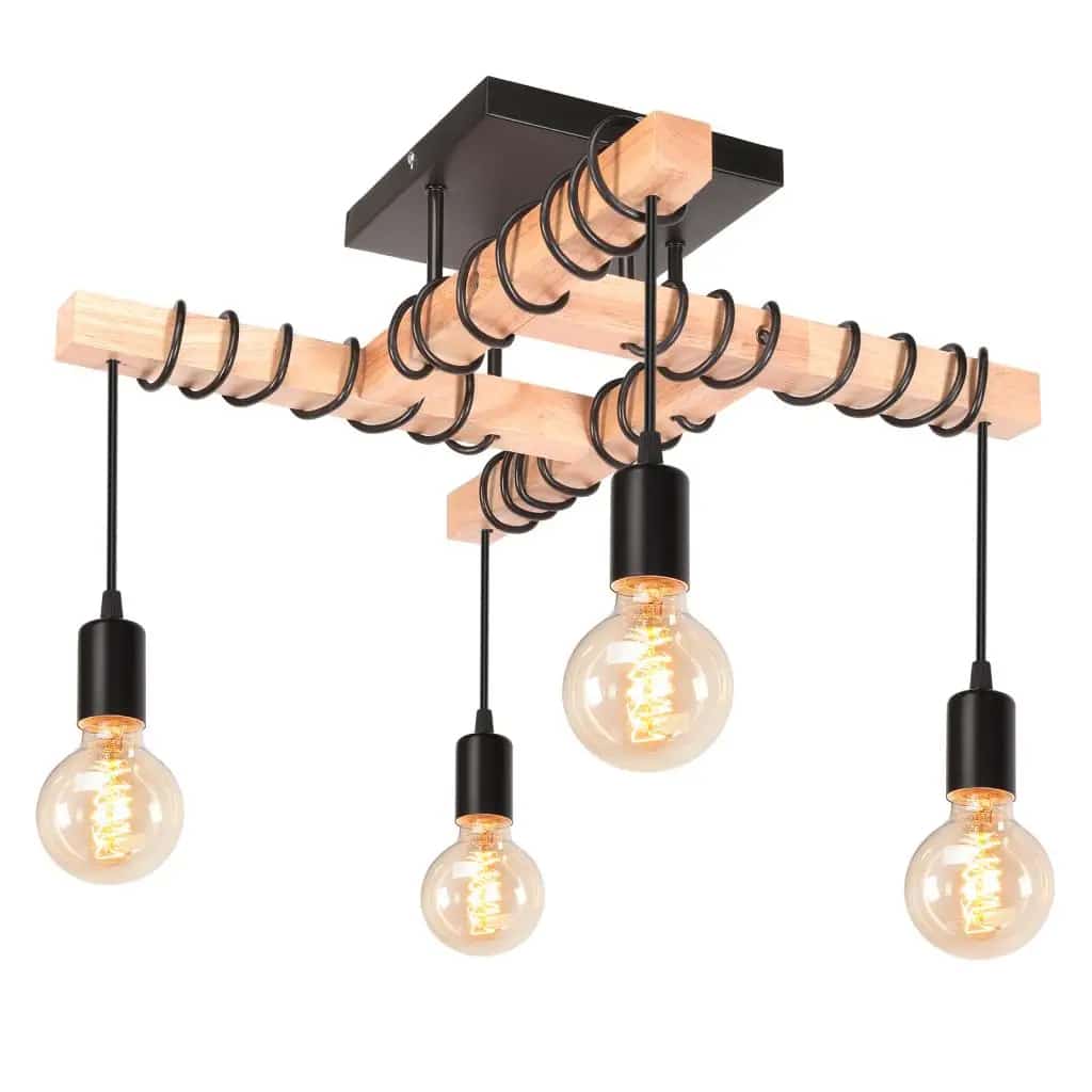 Industrial four-head wood and metal pendant light