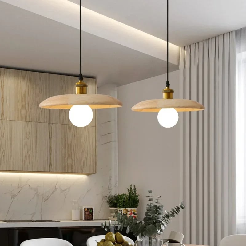 Curved arch wood pendant light – shown in a room setting (2)